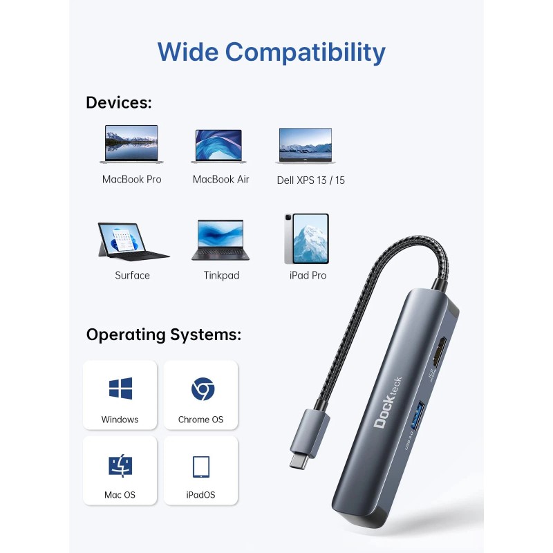 dockteck USB C Hub 4K 60Hz, USB C Adapter, Dockteck