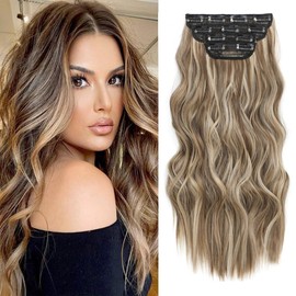 QAUARUMSUN Clip in Hair Extensions 24 Inch 4pcs Long Wavy Synthetic Hair Extensions Double Weft Hairpieces for Women (Blonde Mix Brown)