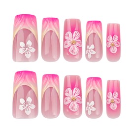 French Tip Press on Nails Medium Coffin Pink Fake Nails with Floral Design Spring Flower Press on French Tip Nails Long Gel Acrylic Nails Cute Glue on Nails 3D Cherry Stick on Nails for Women 24Pcs