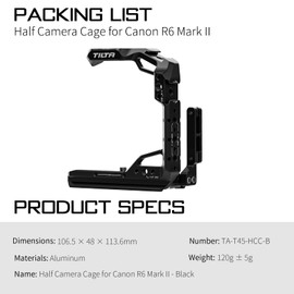 Tilta Half Camera Cage for R6 Mark II with NATO Rail, Cold Shoe,1/4"Threads Locating Pins - Black TA-T45-HCC-B