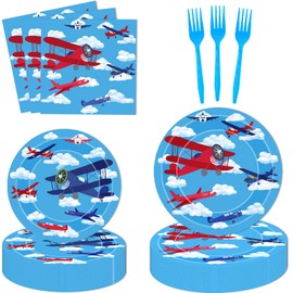 51 Pcs Airplane Party Supplies Airplane Aircraft Disposable Paper Dinner Plates Napkins Forks Table Cloth Dinnerware for Aviation Theme Boys Baby Shower 1st 2nd 3rd 4th Bday Party Decorations