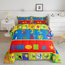 jejeloiu Full Size Kids Educational Learning Bedding Set Boys Girls Numbers ABC Alphabet Shapes Comforter Set for Soft Coloful Fun Game Comforter Elephant Frog Duvet Set Boys