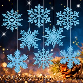 MIAHART 40 Pack Christmas Blue Snowflake Ornaments 4 Inch Blue Plastic Glitter Snowflake Ornaments for Christmas Tree Decorations Winter Wedding Xmas Party Supplies