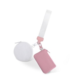 Keychain Wallet Mini Zip Around Dual Pouch Wristlet Small Portable Dual Pounch Wristlet Detachable Coin Purse for Women Gym Workout Outdoor Life, White /Pink, Outdoor