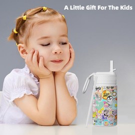 weisidi Kids Water Bottle, Leak-proof Kids Cup With Straws Lids, Stainless Steel Vacuum Double Wall Insulated cup, Kids Water Bottle for School, 12oz-16oz (Beige white - sticker)