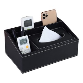 PU Leather Tissue Box Cover - Multifunctional Tissue Box Holder with Stationery Remote Control Box - Elegant and Stylish Home Napkin Holder Desktop Tissue Paper Holder Desk Storage Organizer (Black)