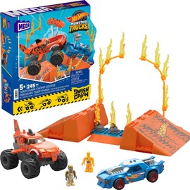 MEGA Hot Wheels Monster Trucks Toy Building Set, Smash & Crash Tiger Shark Chomp Course with 245 Pieces, 2 Micro Figure Drivers, Orange, Age 5+ Years