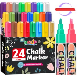 BGUP 24 Pack Chalk Markers, 6mm Reversible Liquid Chalk Markers for Windows, Glass, Mirror or Chalkboard Marker More, Erasable Window Marker for Glass Washable, Non-Toxic