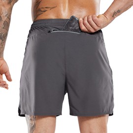 MIER - Pantalones cortos de correr para hombre, 7 pulgadas, secado rápido, para gimnasio, atletismo, con bolsillos con cierre, Gris oscuro, Large