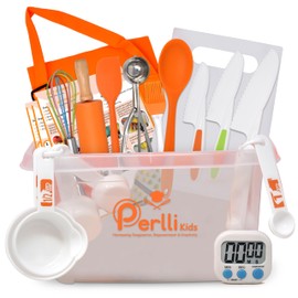 PERLLI Kids Real Cooking Set for Cooking and Baking – 31 Pc. Gift for Junior Chef with Real Utensils, Case & Safe Kids Knife Set for Boys & Girls – Fine Motor Skills & Fun for Children Ages 6+, Blue