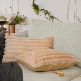 YOUR SMILE Set of 2 Decorative Throw Pillow Covers Soft Cozy Velvet Striped Pillowcase Faux Rabbit Fur Modern Neutral Decor for Couch Sofa Bed Chair Home,12X20-inch,Camel