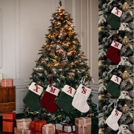 Abandi Monogram Embroidered Christmas Stockings, 7.8 Inches Mini Cable Knitted Stocking Decorations Fireplace Hanging Stockings for Family Holiday Xmas Party Decor,Green K
