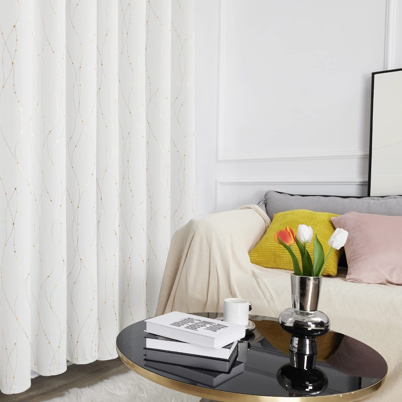 Deconovo Blackout Grommet Gold Pattern Printed Curtains, White, 42W x