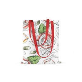 Le Jardin du Lin Printed Shopping Bag with Red Long Handles, Reusable, Foldable, Fabric Bag, Size: 34 x 40 cm