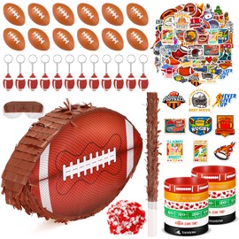 Meooeck 90 Pcs Football Party Favors Includes Football Pinata Blindfold Confetti Pinata Stick Mini Footballs Stickers Keychains Bracelets Football Birthday Party Decorations for Sport Themed Supplies