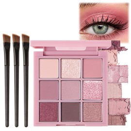9-Color Pink Makeup Palette - Matte, Shimmer & Glitter Eyeshadows, Highly Pigmented, Long-Lasting, Includes 3 Eye Brushes for Vibrant Looks