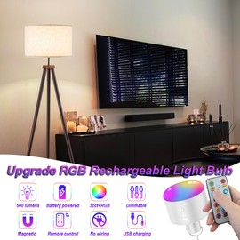 slywise Battery Operated Light Bulb with Remote RGB Rechargeable Light Bulb USB Charging,50H Long Life Emergency Light Bulbs for Power Outage,Battery Powered Light Bulb for Home,Outdoor Activities