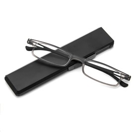 KoKoBin Kompakte Lesebrille mit Blaulicht- und UV-Schutz, ultradünne und ultrafeine TR90-Lesebrillen mit tragbarem, flachem Brillenetui, für Männer und Frauen (Grau, 1.5, Dioptrien)