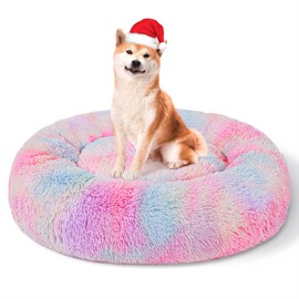 Patas Lague Calming Dog Bed for Medium Dogs, Fluffy Soft Cozy Cat Bed, Faux Fur Anti-Anxiety Plush Donut Cuddler, Washable Pet Bed for All Seasons (32 in, Mixed Rainbow)