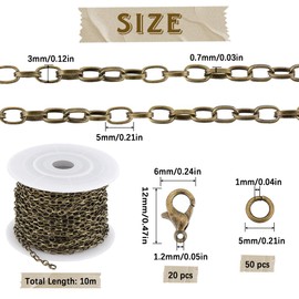 SUNNYCLUE 32.8Feet/ 10m Antique Bronze Chains Bulk Jewelry Chain Roll Rolo Link Cable Chain Spool 5x3mm Chain Links Curb Chain 20Pcs Lobster Claw Clasps 50Pcs Open Jump Rings for Jewelry Making Kits