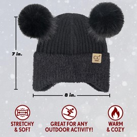 Funky Junque Toddler Girls Double Pom Pom Beanie Winter Hat with Earflaps Faux Fur Poms Warm Ribbed Knit (Black)