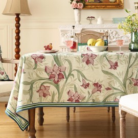 patdrea Designer Purple Tablecloth for Rectangle Tables,Framhouse Linen Violets and Leaves Pattern Linen Tablecloth,Elegant Floral Table Cover Cloth Decor for Kitchen Dining Christmas,63"*94"