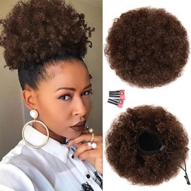 Afro Puff Drawstring Ponytail Extension for Black Women, Premium Medium Brown #4 80 Gram Short Synthetic Afro Puff Ponytail for Natural Hair, Clip On Kinky Drawstring Curly Ponytail Bun Black Friday