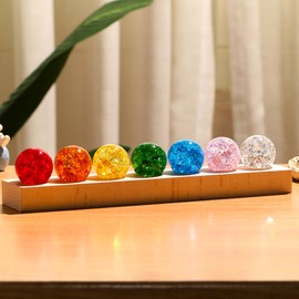 Ornalrist 7 Chakra Crystal Ball Ice Cracks Spheres with Wooden LED Light Base - 40mm Crystal Balls Set for Meditation Positive Energy Night Light Home Decoration