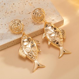 PLwelth Gold Fish Earrings for Women Beach Sea Drop Earrings Chunky Gold Fish Drop Dangle Earring Statement Dangle Earring Unique Ocean Animal Charm Trendy Summer Jewelry Gifts for Vocation Tropical