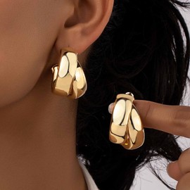 Inilbran Boho Chunky Hoop Earrings Thick Huggie Hoop Earrings Vintage Huggie Earrings Geometric Geometric Open Hoop Earrings Dangle Earrings Gold Hoop Earrings Huggie Earrings for Women, Zinc, No