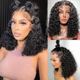 Caijuxing Water Wave 13x6 Hd Lace Front Wigs Human Hair 200% Density Short Curly Bob Wig Human Hair Lace Frontal Wigs for Black Women Deep Wave Pre Plucked Glueless Wig Natural Black (16 Inch)