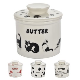 Cat Butter Crock - French Style Ceramic Butter Keeper and Butter Dish with Lid, Black and White Kitten Butter Holder for Countertop Storage, Airtight Container for Soft, Spreadable Butter