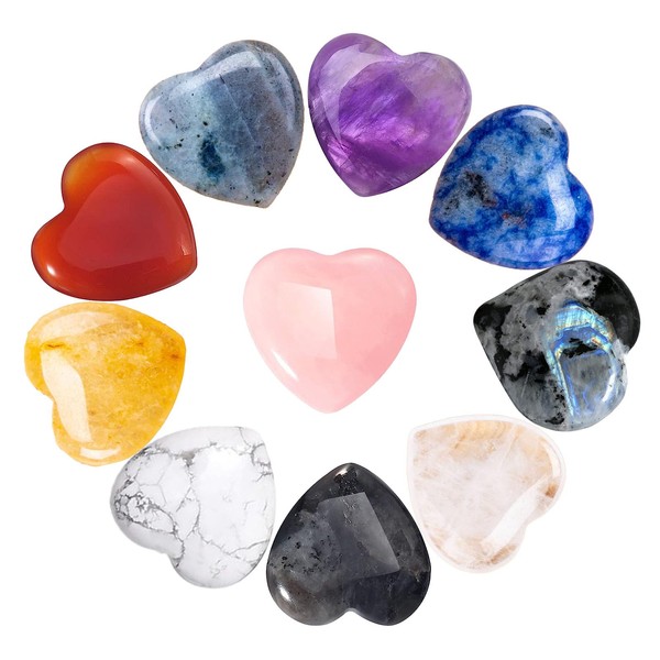 10 Pieces Gemstones, Natural Heart Healing Crystals, Natural Rain Flower Stones, Rose Quartz Amethyst Heart Love Stones Set, Gemstone Mix for Aquarium, Garden, Children's Room Decor (Mixed Colour)