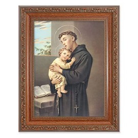 St. Anthony of Padua Picture, 8-1/4"x10-1/4 Mahogany Finish with Acanthus Leaf Detail Under Glass