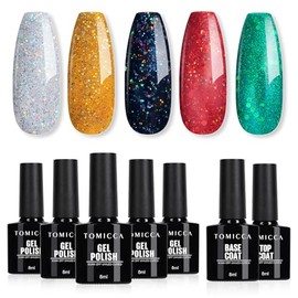 TOMICCA UV Nagellack Set, 5 Farben Gel Nagellack mit Base & No Wipe Top Coat, Glitzer Schwarz Rot Grüner Gold Silber Nagellack Soak-Off UV/LED, Starter-Kit Geschenk Französisches Nagelstudio, 7 x 8ml