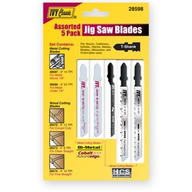 IVY Classic 28598 Assorted T-Shank Jig Saw Blade Set, Cuts Metal and Wood, Bi-Metal and HSS, 5/Card