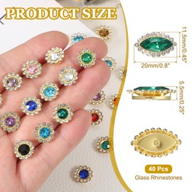 PATIKIL 40 Pcs Horse Eye Sew on Rhinestones, 15x5mm Crystals Glass Gems Metal Base Flatback Diamond for DIY Crafts Sewing Wedding Dress Clothes, Green