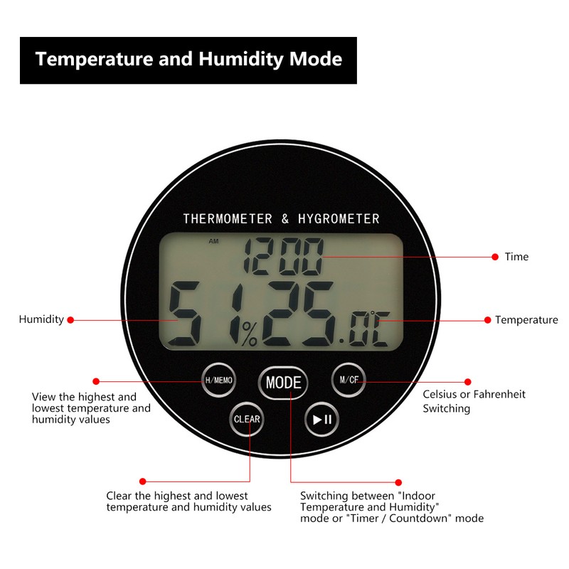 Multifunctional Kitchen Digital Timer Thermometer Hygrometer Black for Household Use