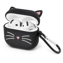 Mouzor for AirPods 4 Case, Cute Black Whisker Cat AirPods 4th Generation (2024) Case Funny 3D Cartoon Animal Shockproof Soft Silicone Charging Case Cover with Carabiner for Kids Girls Women
