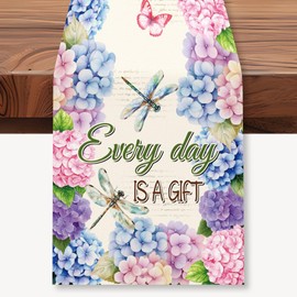 WADORN Hydrangea Dragonfly Butterfly Table Runner, 13x72 Inch Every Day is A Gift Floral Kitchen Dining Table Decoration Spring Summer Seasonal Farmhouse Holiday Table Runner for Home Party Decor