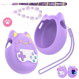 UMEX Tamagotchi Paradise 保護ケース かわいい: 猫耳シリコンカバー 5点セット 女の子 蝶ブレスレット ネックストラップ ボタンキャップ 軽量 誕生日 クリスマス 子供の日 プレゼント 全面保護 衝撃吸収 ギフト向け パープル