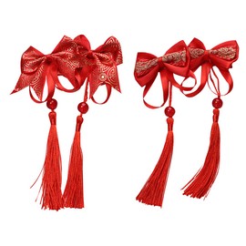 XPEX 2 Pairs Bowknot Hair Clips Chinese New Year Hair Clips Hair Accessories Long Tassel Hair Clips for Women Red
