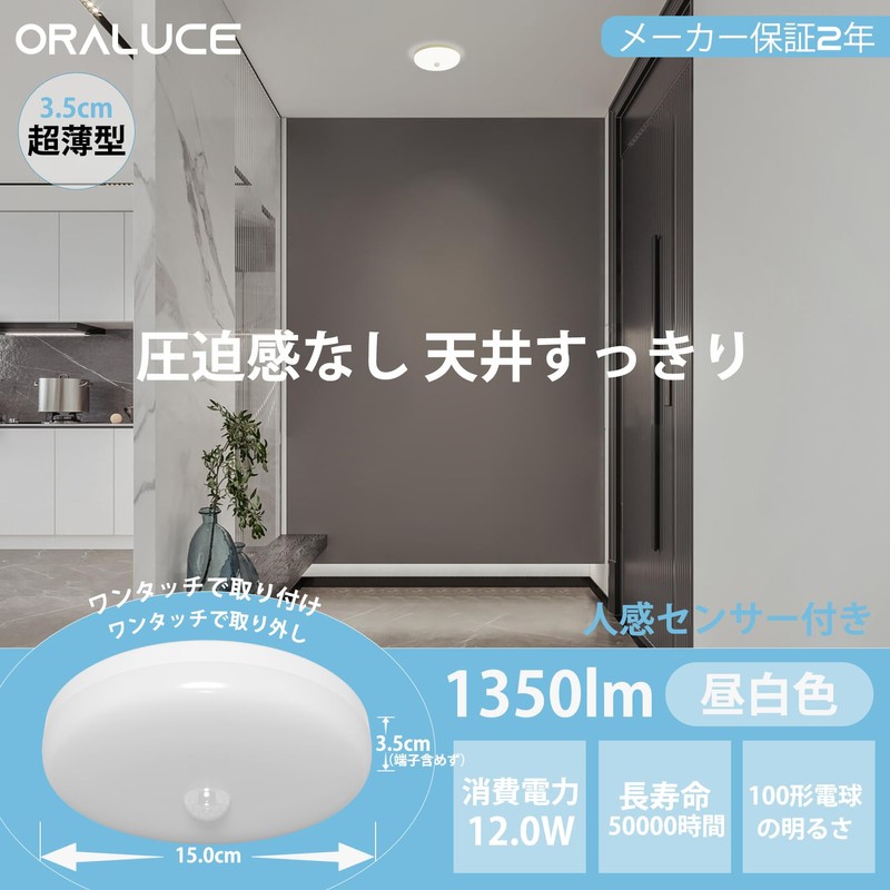 ORALUCE SCL12D-R02 Motion Sensor Ceiling Light, Small, Daylight Color, 12