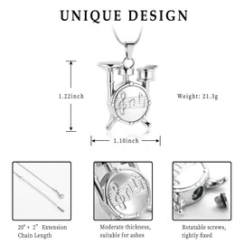 Unique Drum Set Music Charm Necklace Urn Pet/Human Cremation Pendant Necklace Jewelry for Ashes Cremation Jewelry