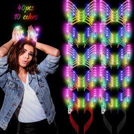 WILLBOND 40 Pcs Light up LED Bunny Ears Headband Glow Hair Accessories for Women Costume Party Supply, 10 Colors