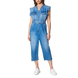 [BLANKNYC] Womens Sleeveless Denim Jumpsuit With Self Belt, Comfortable & Stylish Jumper, Puffed Up, Medium