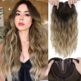 Hair Toppers for Women, 20 Inch Hand Tied Breathable Toppers Hairpieces for Women with Thinning Crown Middle Part Bangs Mix Human Hair Wavy Curly Lightweight Wiglets (Mixed Brown to Blonde Dark Root）