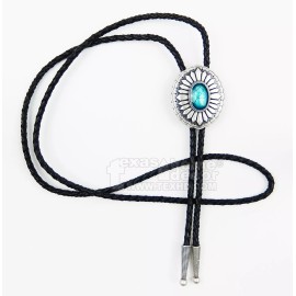 Unbranded Turquoise Oval Bolo Tie Real Silver Plated 38" Adjustable Genuine Leather Cord
