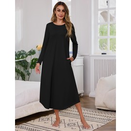 Marvmys Long Nightshirts for Adult Women Soft Comfy Sleepshirts Floor Length Nightgowns Long Sleeve Night Gowns with Pockets Black L