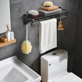 23.2 Inch Bathroom Towel Rack, Foldable Towel Holder with Movable Hooks, Premium Modern Towel Shelf Wall Mount Towel Storage for Bathroom (Matte Black)